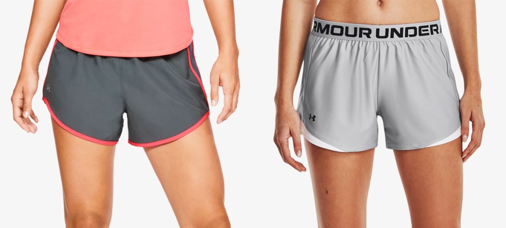 two women modeling grey under armour shorts