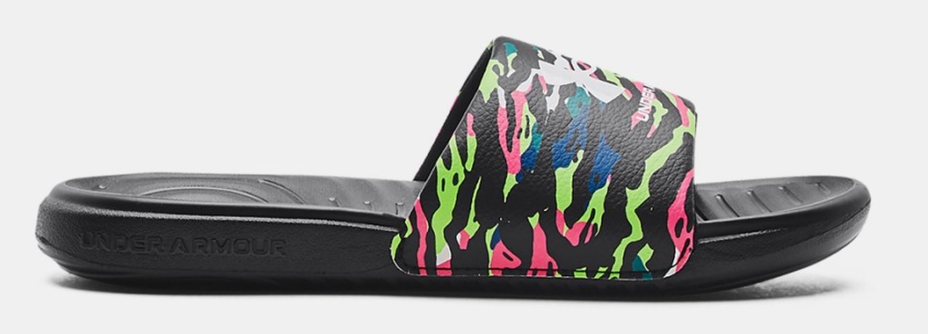 Black slide sandals with green, pink and blue accents