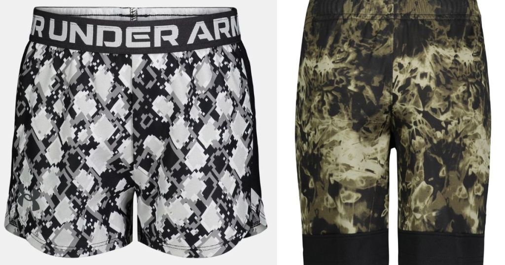 Black and white shorts with Under Armour on the band and a pair of black and white tie-dye shorts