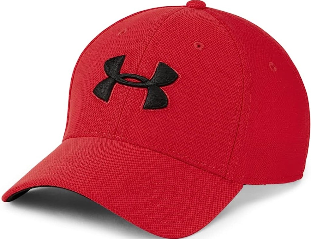 Red Under Armour hat with a black logo