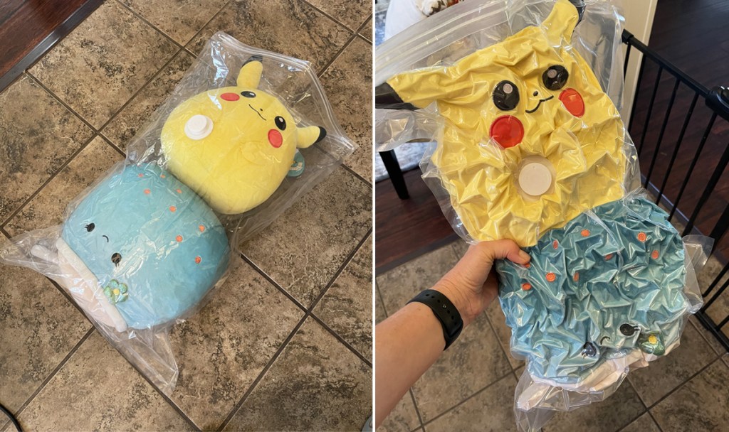 before and after putting squishmallows into vacuum storage bag