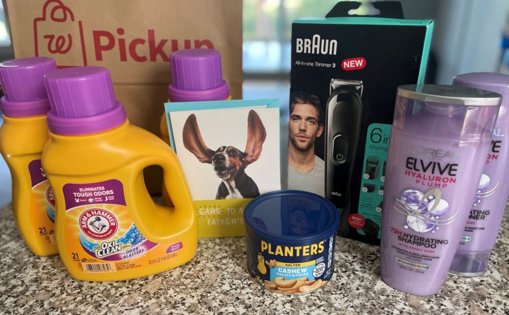 Arm & Hammer laundry detergent, L'Oreal haircare, Braun trimmer, Planters cashews and a card