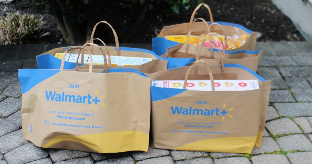 Walmart Plus Delivery bags on a front porch