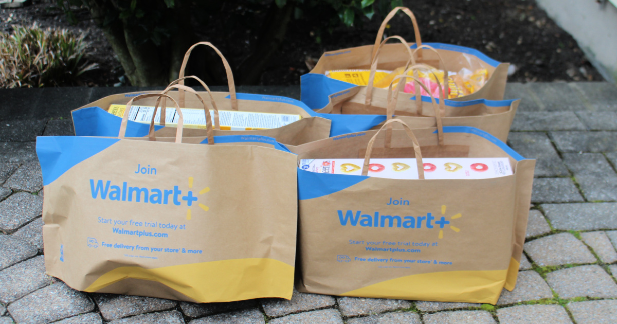Walmart grocery service bags sitting on front porch