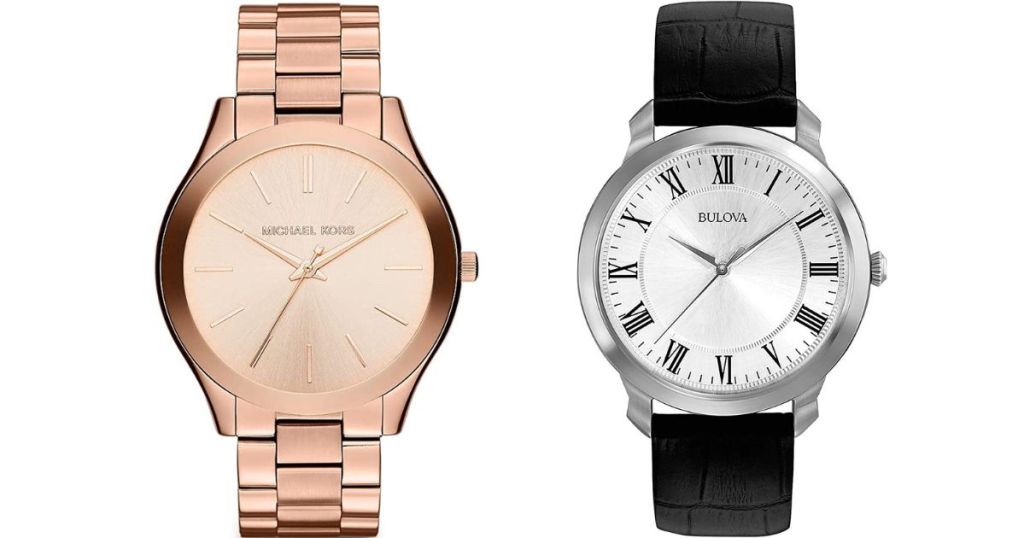 A rose gold watch and a black watch