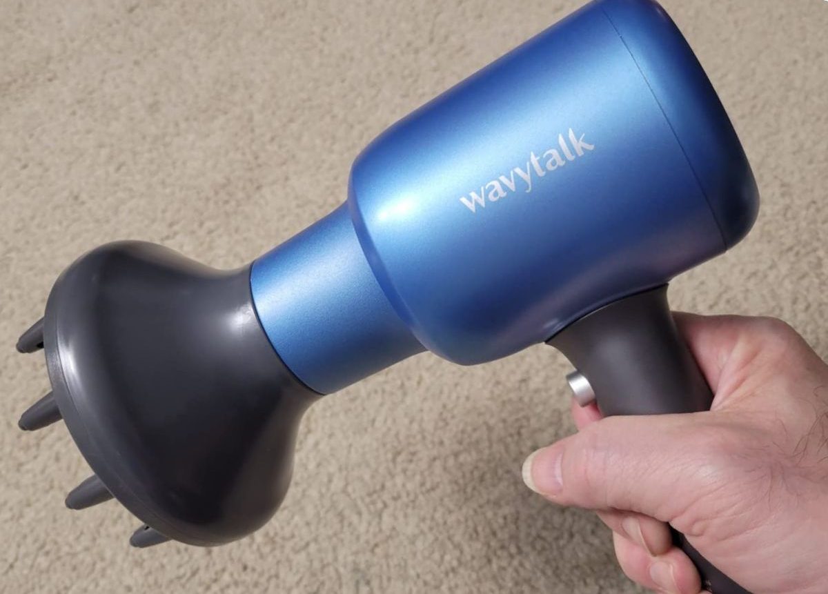 Wavytalk Blue Hair Dryer with diffuser attachment on it