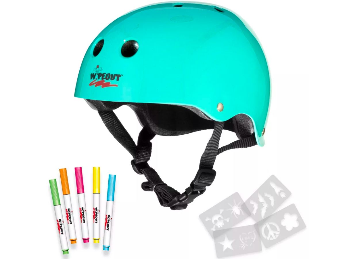 Wipeout Dry Erase Kids' Helmet in Teal with markers and stencils