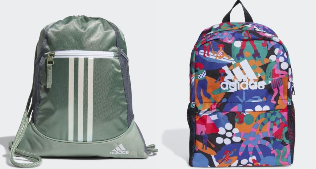 two adidas backpacks - one in greay-green and the other in a multi-color abstract print