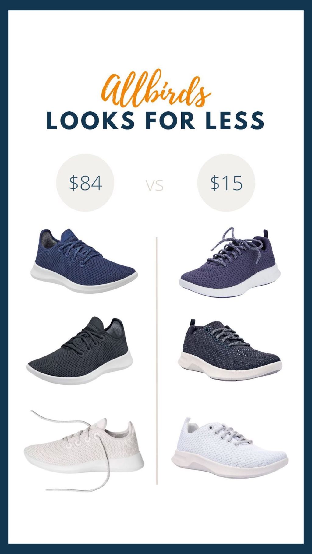 allbirds looks for less graphic with three different pairs of shoes and price comparison