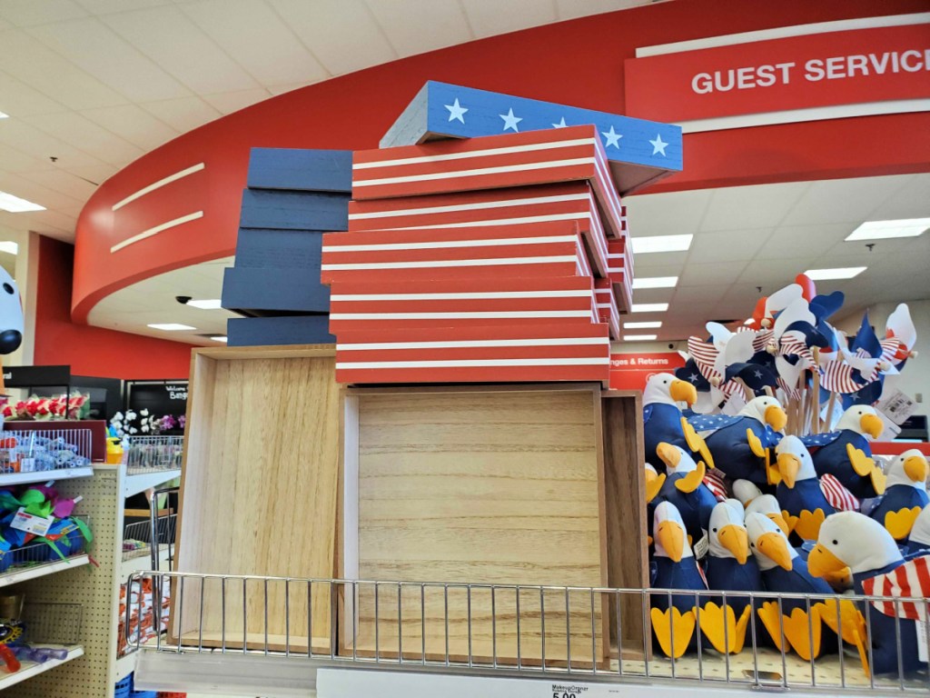 red white and blue americana wooden display boxes on a target shelf