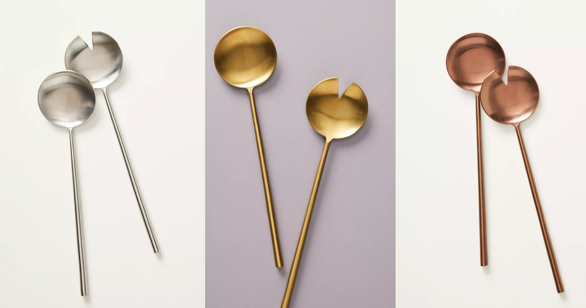 three side by side stock images showing serveware in metallic tones
