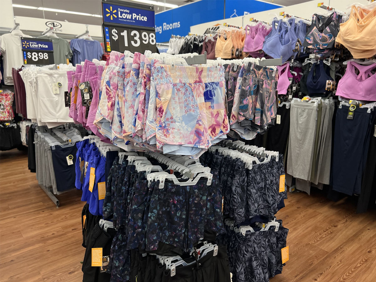 avia workout shorts on clothing rack in Walmart