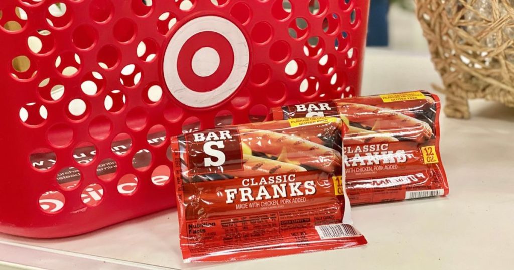 2 packages of Bar-S Franks in front of Target shopping basket