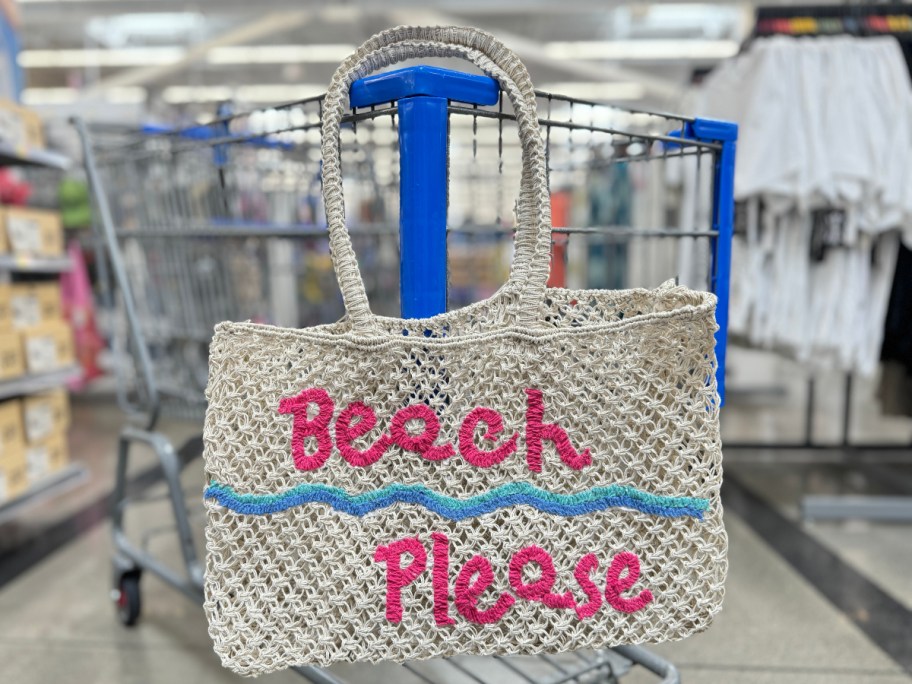 beach bag hanging on Walmart Shopping cart 