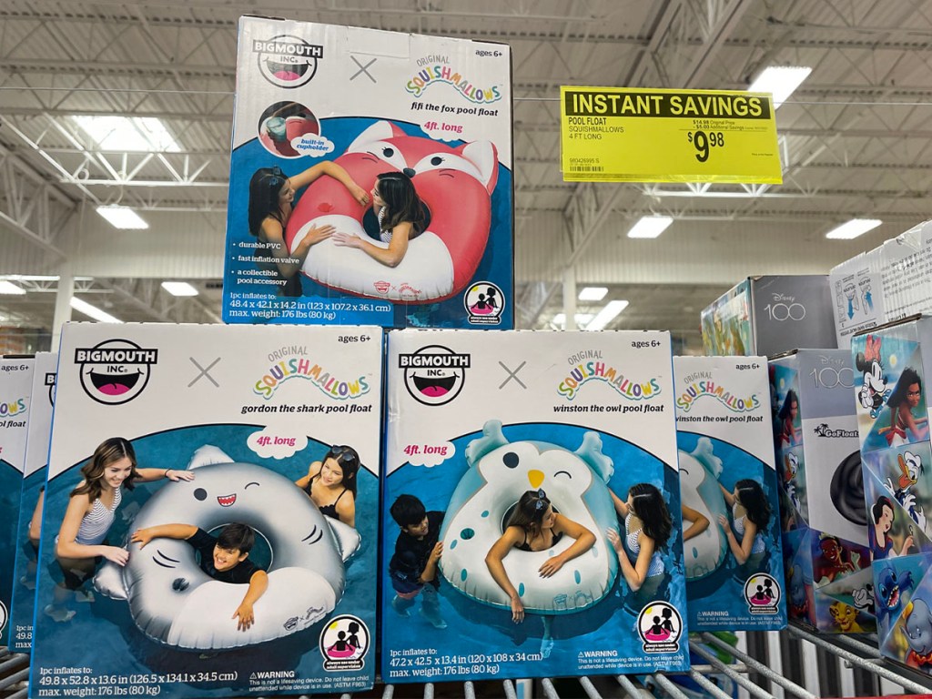 squishmallow pool floats stacked on sams club shelf