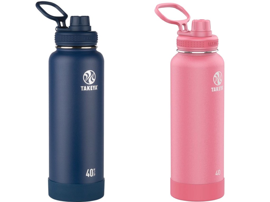 blue and pink takeya water bottle stock images