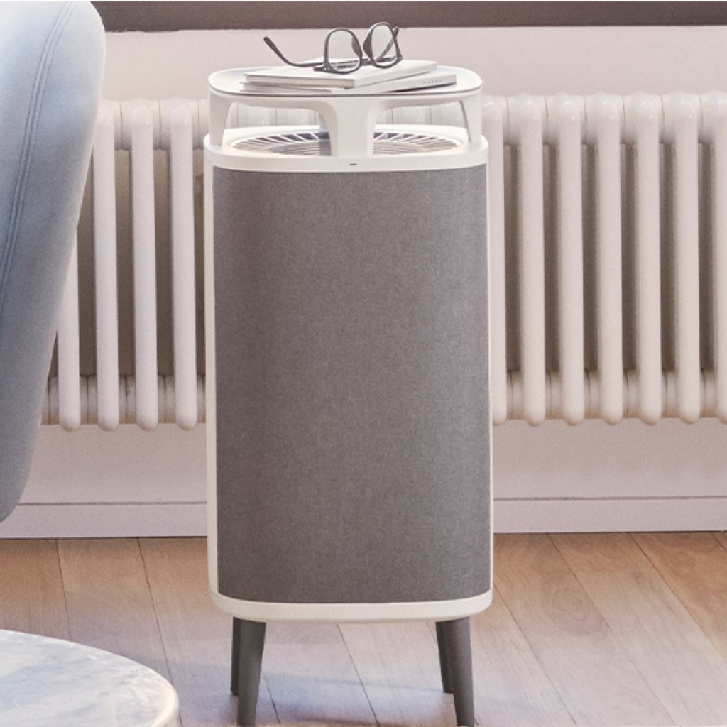 white and grey air purifier with legs