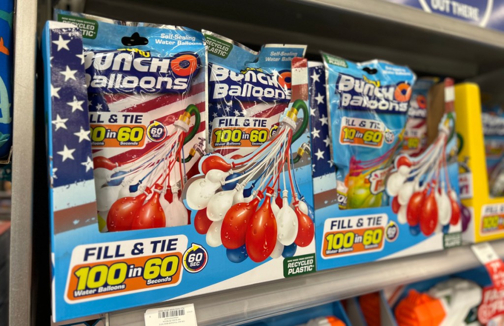 packs of red white and blue zuru bunch o balloons on a store shelf