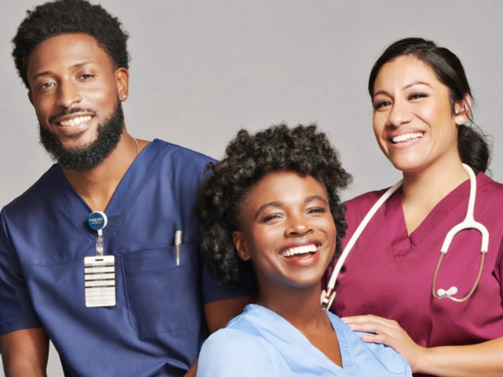 Healthcare workers wearing scrubs