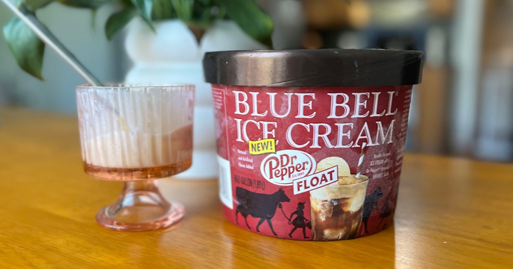 dr pepper blue bell ice cream carton next to ice cream cup with spoon