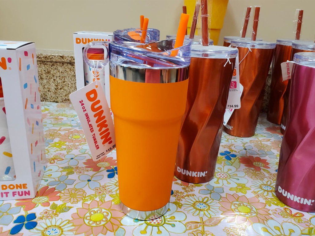 orange and red tumblers on counter