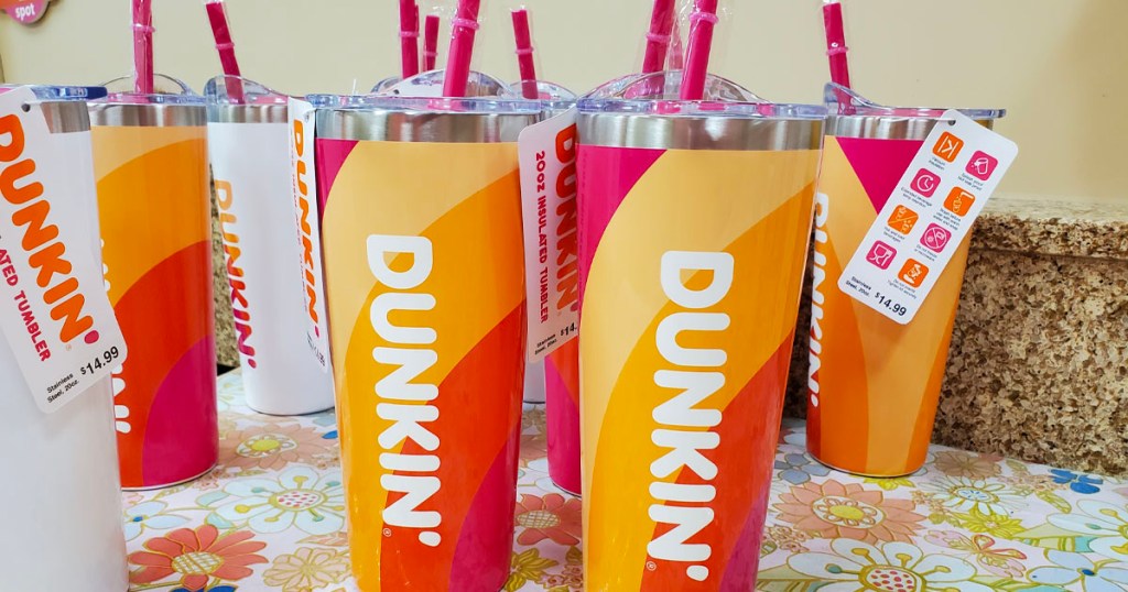 dunkin striped tumbler on counter