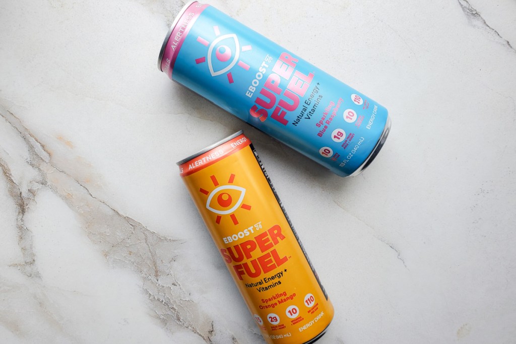 blue and orange energy drink cans
