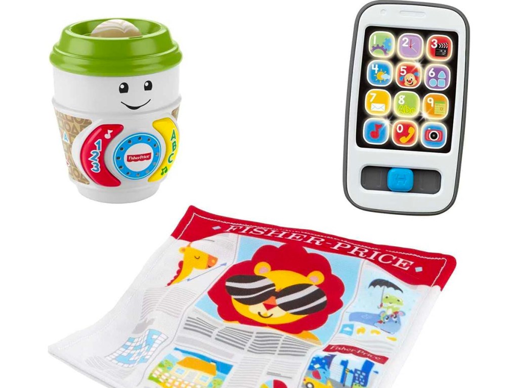 fisher price coffee cup, smartphone and newspaper toys stock image