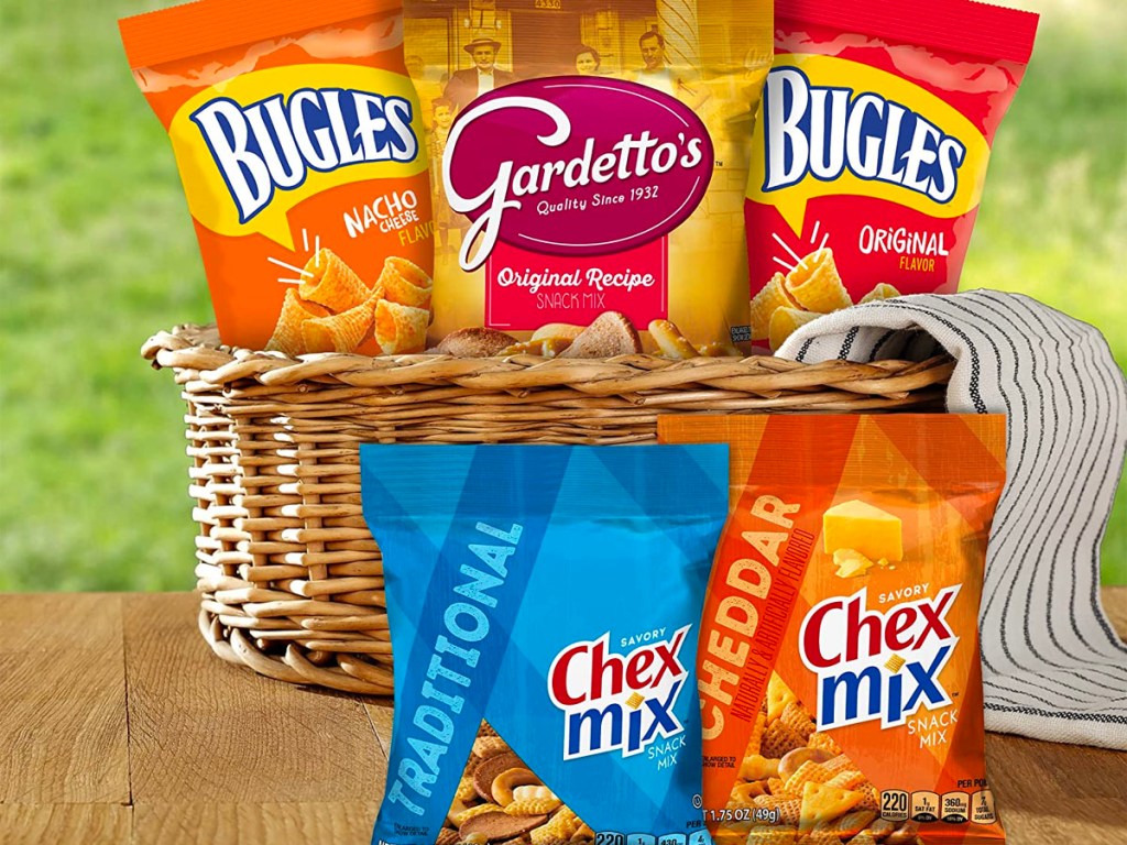 general mills snack bags in a basket on table