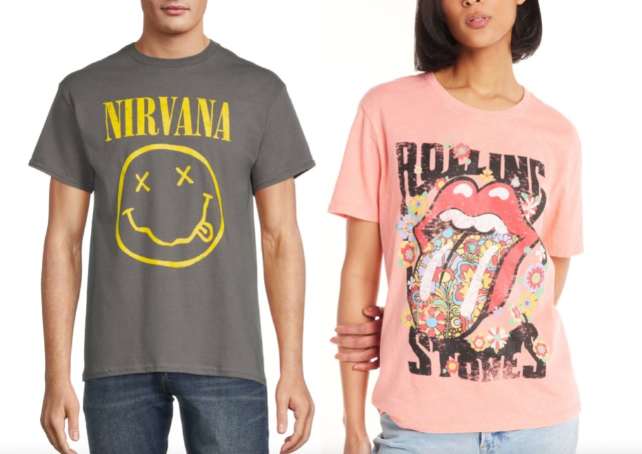 mens nirvana and womens rolling stones graphic tees