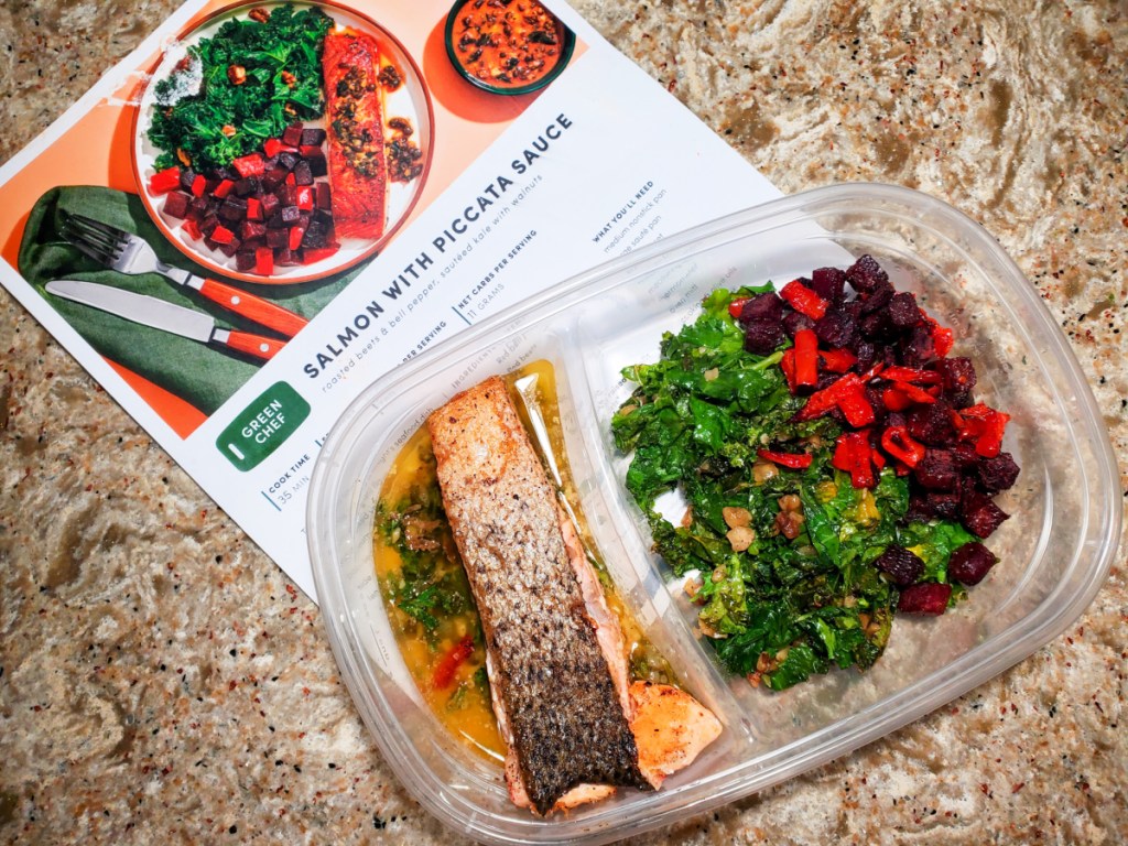 salmon and greens and beets in divided container 