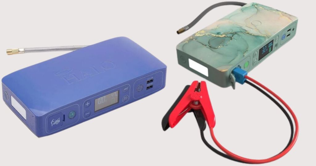 blue and marble blue portable jump starters with mini cables attached to marble one