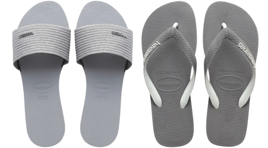 gray slides and flip flops