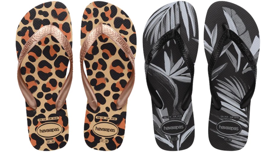 cheetah print and black floral flip flops