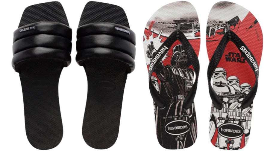 black slides and star wars flip flops