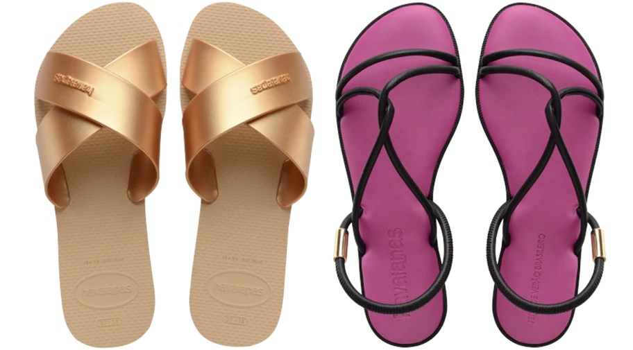 gold slides and black and purple sandals