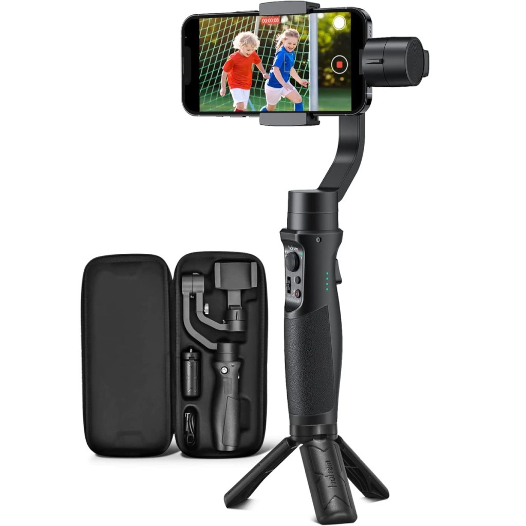 black stabilizer tripod holding phone next to case