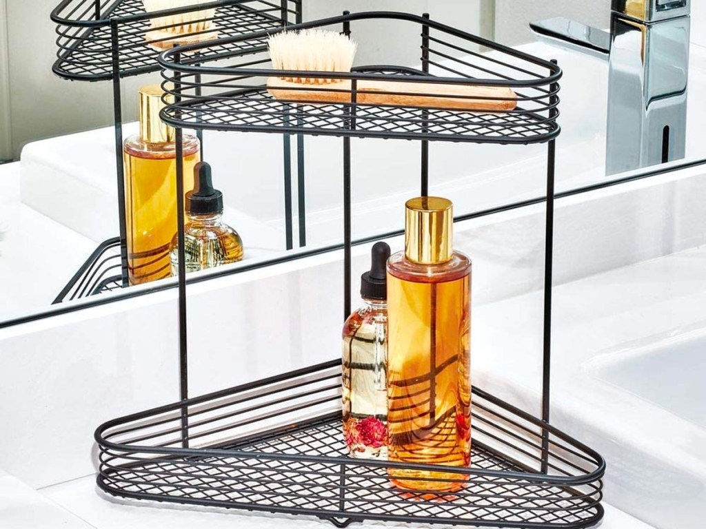 metal wire bathroom organizer with soap on it