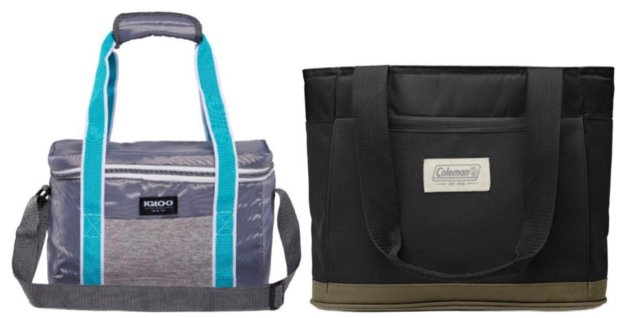igloo and coleman tote bags in blue and black