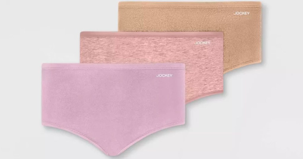 one beige and two pink pairs of womens Jockey underwear