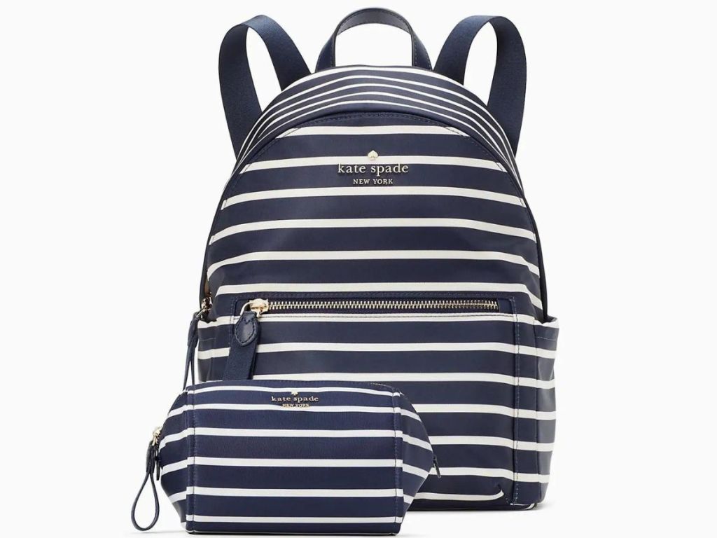 blue and white striped kate spade backpack and matching cosmetic case