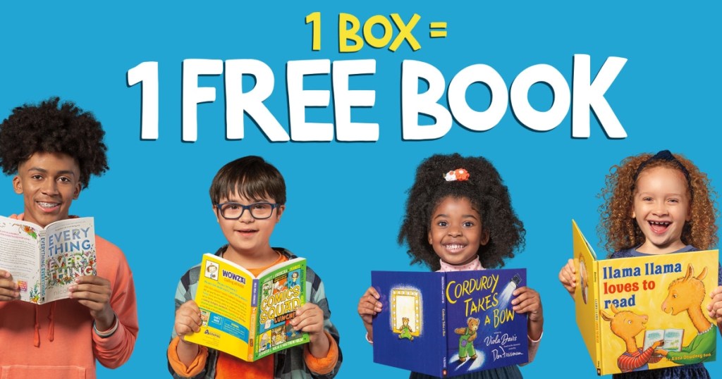 4 kids reading books under text that says "1 box = 1 free book"