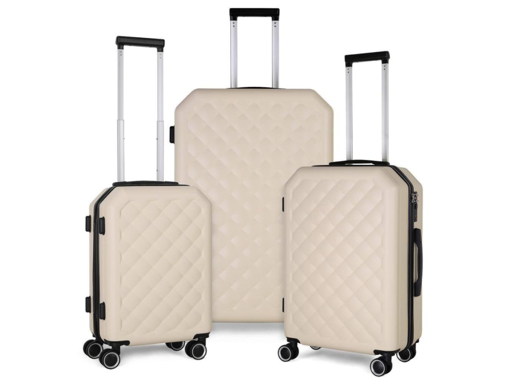 khaki 3 piece luggage displayed by size order