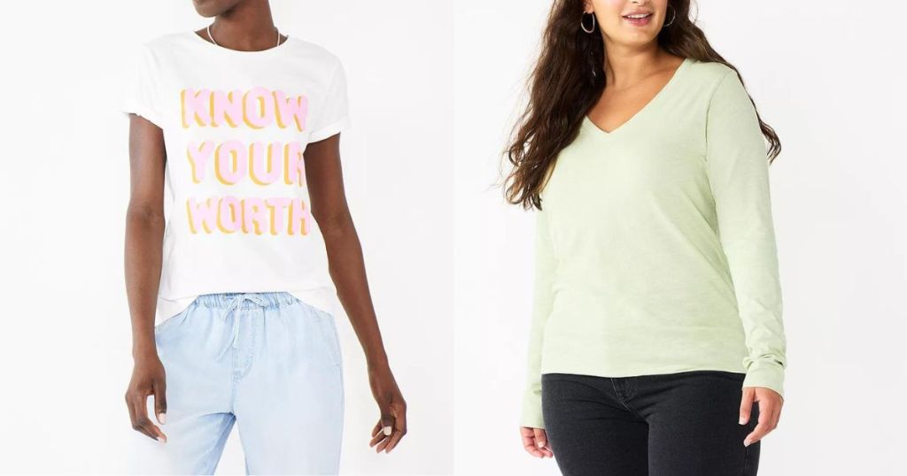 woman wearing white and pink graphic tee and woman wearing mint green v-neck long sleeve top