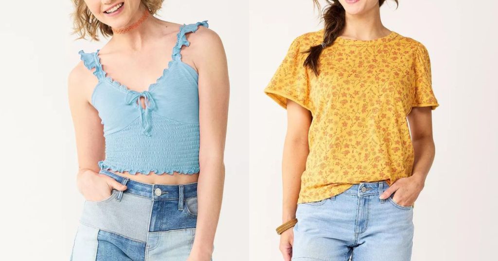 woman wearing blue flutter tank and woman wearing yellow floral top