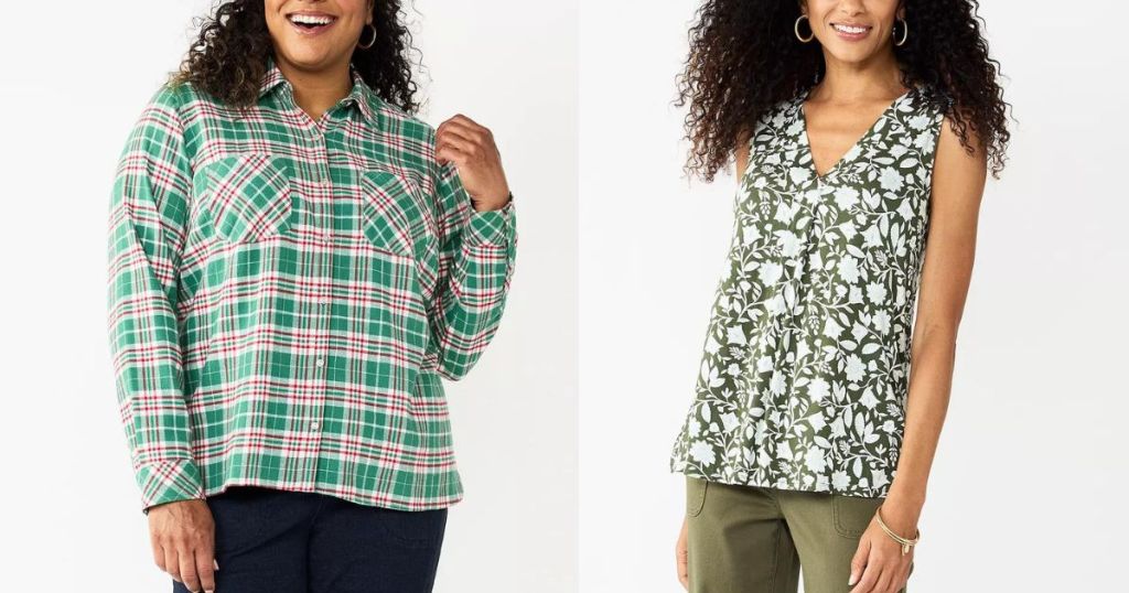 woman wearing green and red plaid top and woman wearing green floral tank