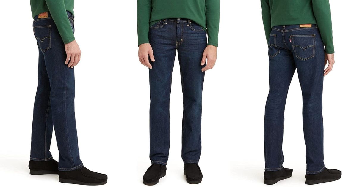 3 angles of man wearing dark levis jeans