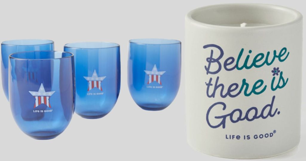 4 blue patriotic glasses and candle