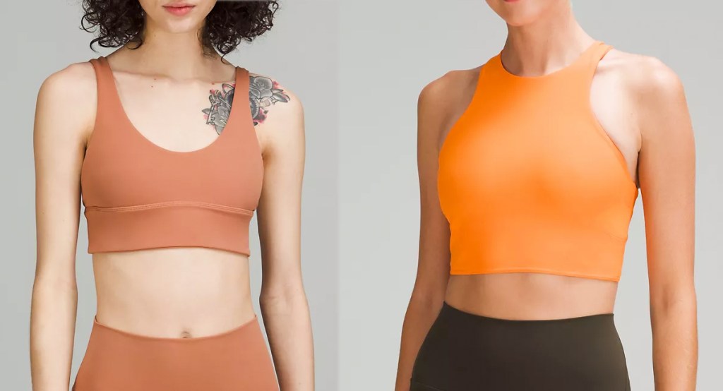two women in orange sports bras