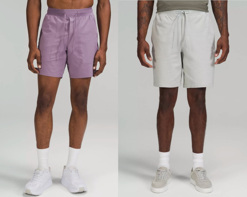 men wearing purple and grey shorts